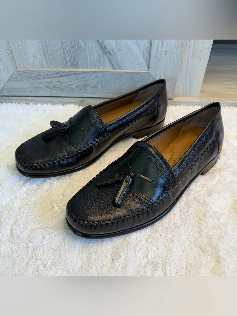 Brass Boot Loafers Black Leather Tassel Moc Round Toe Shoes Size 11.5